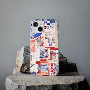 Funda para teléfono con diseño de arte pop japonés: ramen retro, Godzilla, Ramune y Taiyaki. Funda flexible de TPU para iPhone y Samsung. Estética kawaii.