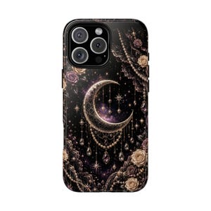 May include: Black phone case featuring a crescent moon design with stars, pearls, and roses. The case has a glossy finish and a dark, celestial theme. The camera lenses are visible at the top.