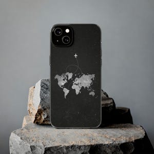 Étui de téléphone pour voyage d'aventure - conception de carte du monde, cadeau pour les voyageurs, coque souple pour iPhone/Samsung, accessoire pour amateur d'avion