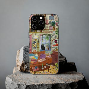 Op Matisse geïnspireerd zacht telefoonhoesje | Artistiek Cosy Cat-ontwerp | Grillige vintage esthetiek | Cadeau kleurrijk kunstliefhebber