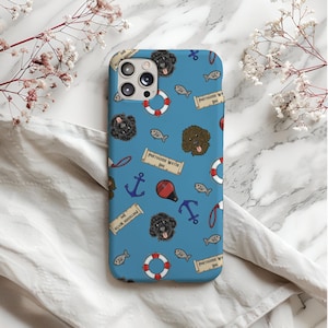 May include: A blue phone case featuring a pattern of Portuguese Water Dog illustrations, anchors, life preservers, and fish. The text "Portuguese Water Dog" is printed on a scroll. The case has a camera cutout.