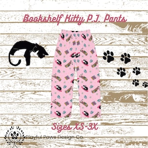 Cute Bookish Cats Pajama Pants, Cat Lover Gift, Funny Animal Print Lounge Wear, Handrawn Artwork Sleep Bottoms, Comfy Sleepwear for Women