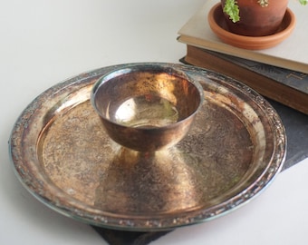 Vintage silver farmhouse table centerpiece, bowl and serving platter, etched silver plated chips and dip set, rustic wedding centerpiece