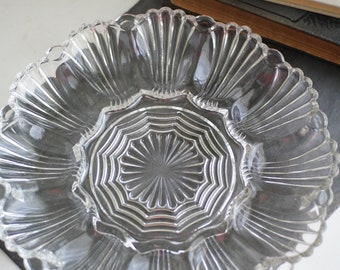 Vintage glassware snack tray, scalloped pattern deviled egg plate, relish tray,  glassware serving plate, farmhouse table decor