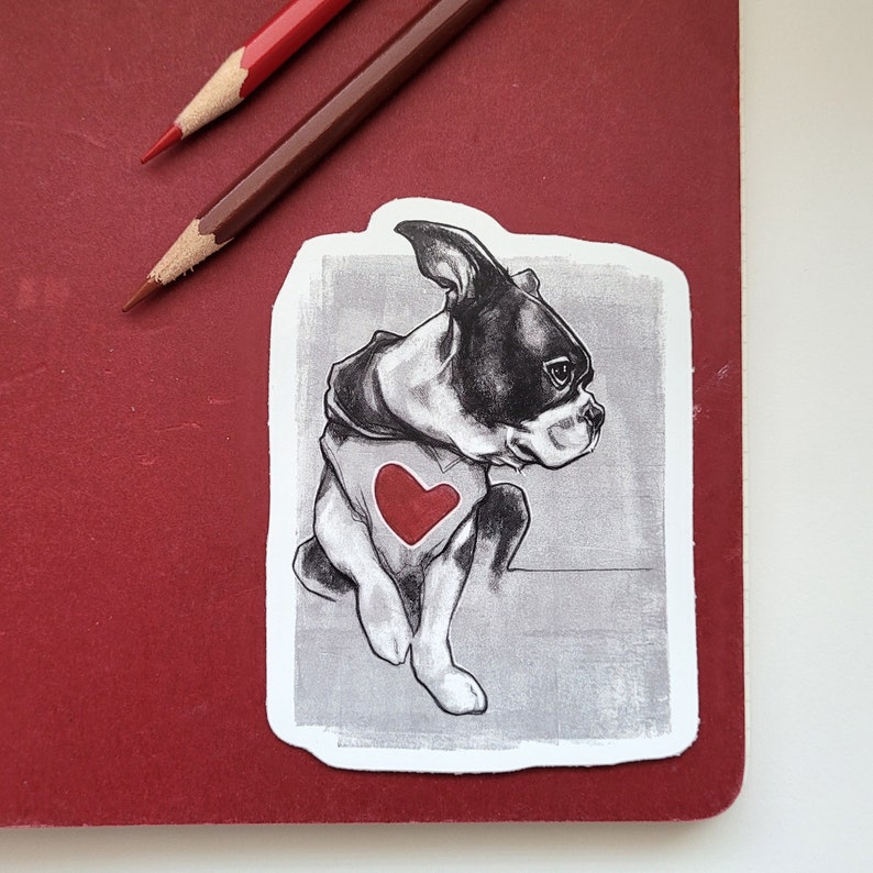 Boston terrier red heart sticker Daily dog stickers Dog Stickers Waterproof Stickers Vinyl Stickers Laptop Stickers Stickers image 2