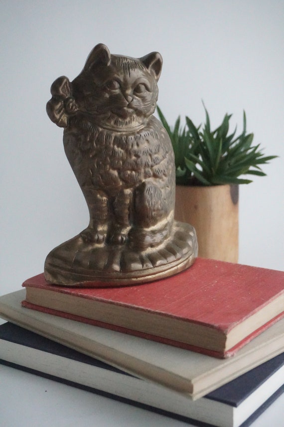 Vintage Brass Cat Door Stop Hubley Sitting Cat With Bow Etsy