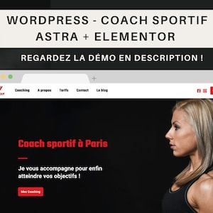 Peut inclure: Capture d'écran d'un site web montrant une image en noir et blanc d'une femme aux cheveux blonds. Le site web est pour un coach sportif à Paris, France. Le site web est construit avec WordPress, Astra et Elementor.