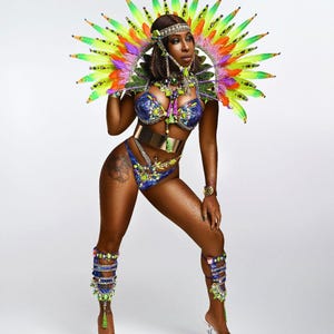 Caribbean Queen Carnival Costume – Jeweled Bikini set + Feathered Collar for Samba, Raves, Birthdays & Cosplay