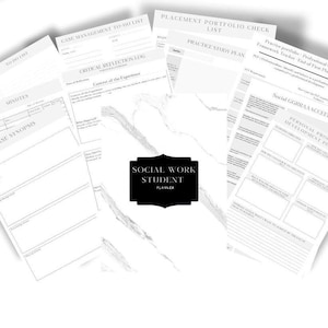 Pode incluir: Uma coleção de documentos em papel branco, incluindo um planejador, listas de verificação e registros, com texto como "Case Synopsis" e "Social Work Student Planner". O planejador tem um rótulo preto com texto branco.