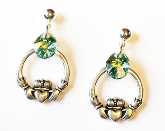 Claddagh Earrings, Irish Earrings, Celtic Earrings with Green Swarovski Crystals - on either posts or wires