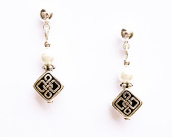 Tiny Silver Celtic Earrings - Silver Celtic Knot Square-Shaped Bead and Swarovski Glass Pearl - on Ear Posts or Ear Wires