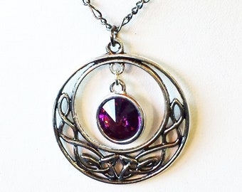 Large Celtic Necklace with Purple Swarovski Crystal - on 20" Gunmetal Chain.  Gift box included.