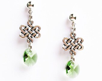 Tiny Silver Celtic Knot Earrings - Celtic Eternity Knot and Green Swarovski Crystals - on Ear Posts