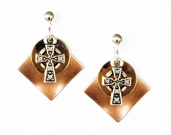 Celtic Cross Earrings - Celtic Cross Charm on Copper/Gold/Silver metal color combination - on Ear Posts or Ear Wires