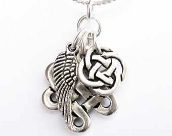 Celtic Knot Necklace - Celtic Eternity Knot Charm, Angel Wing Charm, and Tiny Celtic Round Knot Charm - on Sterling Silver Chain