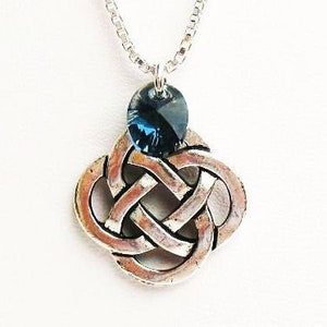 Celtic Knot Necklace, Irish Necklace - 18" Sterling Silver Chain with Celtic Pendant and Blue Swarovski Crystal.  Gift box included