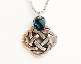 Celtic Knot Necklace, Irish Necklace - 18" Sterling Silver Chain with Celtic Pendant and Blue Swarovski Crystal.  Gift box included