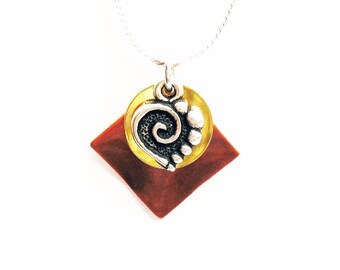 Swirl Heart Necklace - Mixed Metal Necklace with Copper/Gold/Silver metal color combination on Sterling Silver Chain