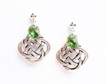 Celtic Knot Earrings, Irish Earrings, Celtic Earrings  with Green Swarovski Crystals - on either posts or wires