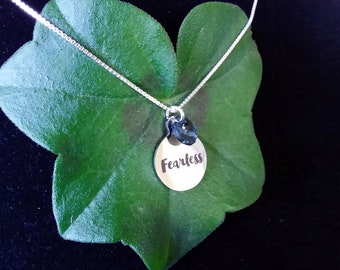 Fearless Necklace - 18" Sterling Silver Chain with Stainless Steel Laser-Engraved Pendant and Blue Swarovski Crystal - includes gift box