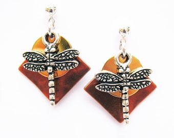Dragonfly Earrings - Copper/Gold/Silver mixed metal color combination with Silver Dragonfly Charm - on Ear Posts or Ear Wires