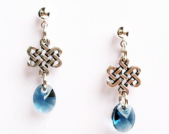 Celtic Knot Earrings - Celtic Eternity Knot and Blue Swarovski Crystals - on Ear Posts or Ear Wires.  Gift box included.