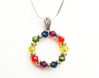 Crystal Rainbow Necklace - 5 Rainbow Colors - Swarovski Crystals in Circle Shape on Sterling Silver Chain