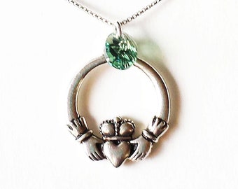 Claddagh Necklace with Green Swarovski Crystal, Irish Necklace, Celtic Necklace  - on Sterling Silver Chain.  Gift box included.