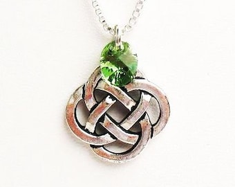 Celtic Round Knot Necklace with Green Swarovski Crystal, Irish Necklace, Celtic Necklace  - on Sterling Silver Chain