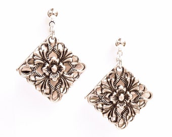 Silver Filigree Earrings - Vintage-Style Antiqued Silver Filigree over Shiny Silver Disc - on Ear Posts or Ear Wires