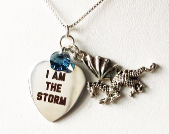 I Am The Storm Necklace with Dragon Charm and Blue Swarovski Crystal - on Sterling Silver Chain - includes gift box