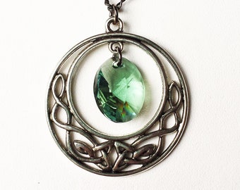 Large Celtic Necklace with Green Swarovski Crystal - on 20" Gunmetal Chain.  Gift box included.