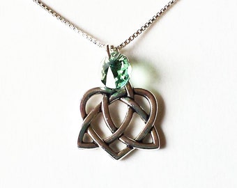 Celtic Sisters Knot Necklace, Celtic Gift, Celtic Open Heart and Green Swarovski Crystal Necklace  - on Sterling Silver Chain