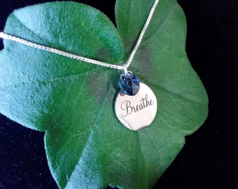 Breathe Necklace - 18" Sterling Silver Chain with Stainless Steel Pendant and Blue Swarovski Crystal - includes gift box