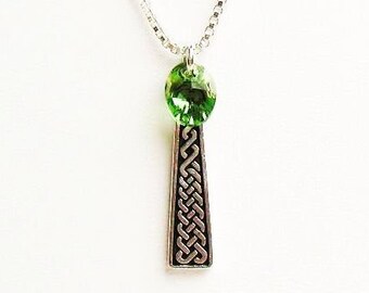 Celtic Necklace, Celtic Gift, Celtic Braid and Green Swarovski Crystal Necklace  - on Sterling Silver Chain.  Gift box included.