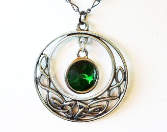 Large Celtic Necklace with Green Swarovski Crystal - on 20" Gunmetal Chain.  Gift box included.