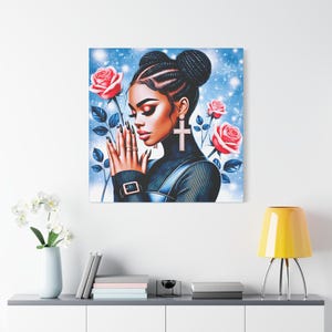 Schwarze Frauen betende Kunst, Leinwand Wandkunst, digitale Kunst, schwarzes religiöses Mädchen, christlicher Glaube, spirituelles Gebet, Wanddekor