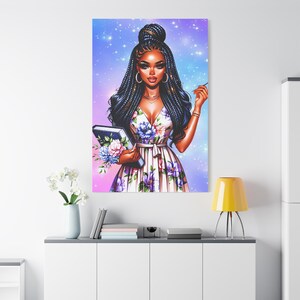 Braided Black Goddess Wall Art, Melanin Flower Queen Canvas Art, Afro Floral Glam, Black Girl Magic, Feminine Afrocentric Diva Wall Decor