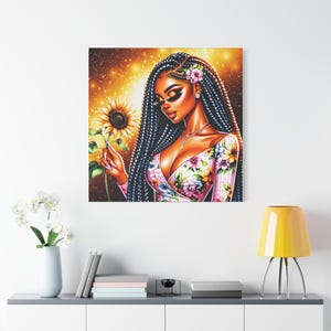 Braided Black Goddess Wall Art, Melanin Flower Queen Canvas Art, Afro Floral Glam, Black Girl Magic, Feminine Afrocentric Diva Wall Decor