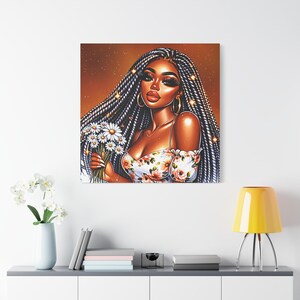 Braided Black Goddess Wall Art, Melanin Flower Queen Canvas Art, Afro Floral Glam, Black Girl Magic, Feminine Afrocentric Diva Wall Decor