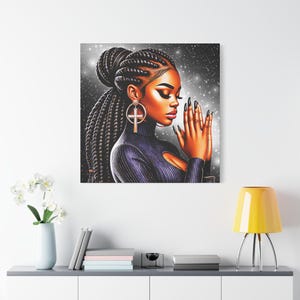 Schwarze Frauen betende Kunst, Leinwand Wandkunst, digitale Kunst, schwarzes religiöses Mädchen, christlicher Glaube, spirituelles Gebet, Wanddekor
