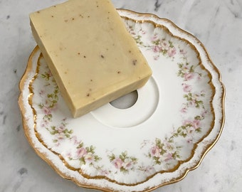 Vintage Soap Dish + Bar Soap / Theodore Haviland Tea Saucer  / Upcycled Soap Dish / Draining Soap Dish / Olive Oil Bar Soap