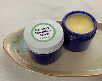 Comfrey Calendula Salve / 2 ounces / Blue Glass Jar / Comfrey Calendula Balm