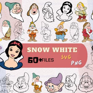 Puede incluir: Un conjunto de más de 60 archivos digitales con Blancanieves y los Siete Enanitos. Las imágenes son en blanco y negro y en color, e incluyen varias poses y expresiones. El texto "SNOW WHITE 60+ FILES SVG PNG" se muestra en la parte inferior de la imagen.