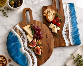 Charcuterie Board Set, Personalized Ocean Resin Acacia Serving Board