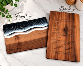 Custom Resin Ocean Walnut Charcuterie Board, Personalized Handwritten Recipe Keepsake