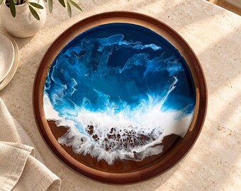 Ocean Resin Acacia Wood Serving Tray, Elegant Coffee and Tea Serving Tray