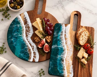 Custom Charcuterie Board Set, Personalized Ocean Resin Acacia Serving Board