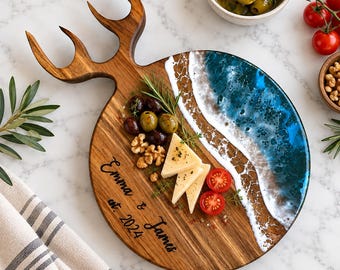 Personalized Ocean Resin Deer Antler Charcuterie Board, Acacia Serving Board
