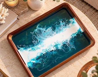 Resin Acacia Wood Serving Tray, Coastal Kitchen Decor, Elegant Coffee and Tea Serving Tray
